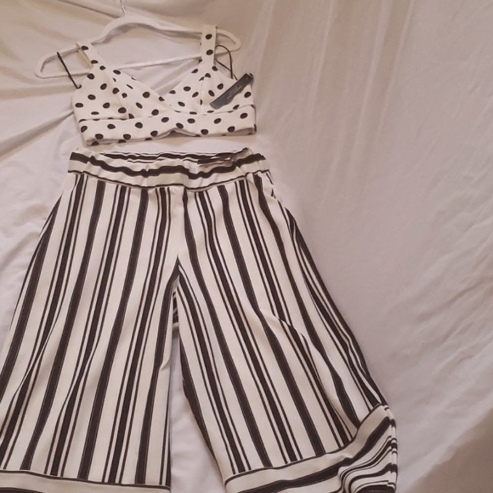 Black and white Two piece set. Polka dot crop top with stripe crop pants. XS